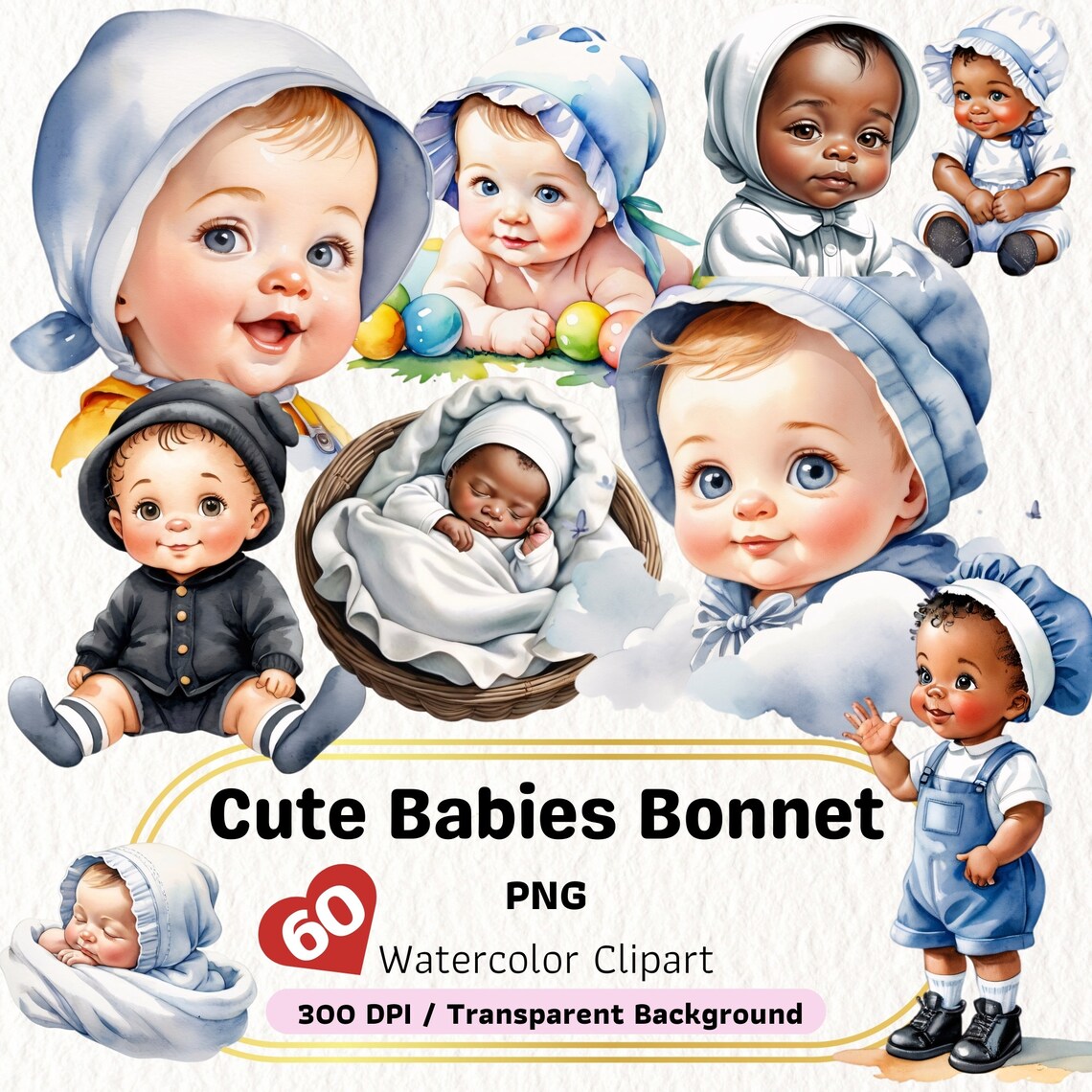 Cute Babies Bonnet Watercolor Clipart, Baby Shower Watercolor Clipart ...