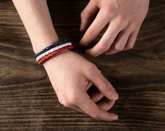 Minimalist USA Flag Colored Leather Bracelet, Red White and Blue Leather Bracelet, Handmade Jewelry, Unisex Leather Bracelet