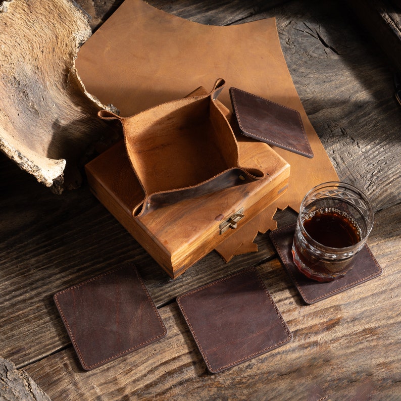 Personalized Leather Coasters Set of 4, Custom Leather Coasters Set
