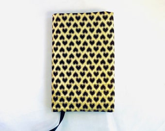 Stoff Buchhülle, Journal Cover, Buch Schutzfolie, Luxus Buchhülle, Planerhülle, Schwarze Herzen auf goldenem Hintergrund, Bestes Geschenk, Bestes Geschenk.