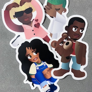 May include: Four illustrated stickers featuring different characters. The first sticker is of a person with blonde hair wearing pink clothing and sunglasses making a heart shape with their hands. The second sticker is of a person with green hair wearing a white shirt and making a dabbing gesture. The third sticker is of a person with brown hair wearing blue overalls and a green shirt. The fourth sticker is of a person with brown skin wearing a blue shirt and jeans holding a brown teddy bear.