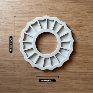 May include: White plastic mould with 16 sections in a circle shape. The mould is 9.5 cm in diameter and 3.9 cm wide.