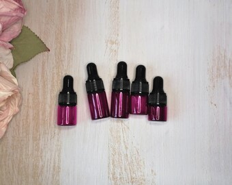 Botella cuentagotas de perfume púrpura de 1 ml/2 ml/3 ml/mini con tapa negra, botella de muestra cosmética, botella cuentagotas de muestra cosmética de perfume de aceite esencial,