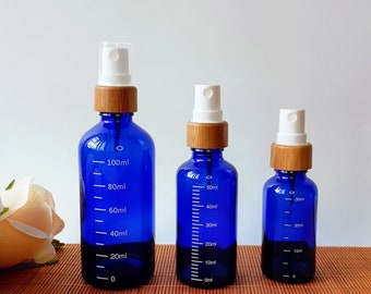 Botellas de spray de vidrio azul, botella de perfume de envase cosmético recargable con rociador de niebla fina para limpieza, aceites esenciales, fragancias