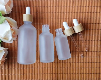 Frosted Glass Eye Dropper Bottles Refillable Essential Oil Perfume Cosmetic Packaging with Natural Bamboo Lid White Dropper 5~100ml