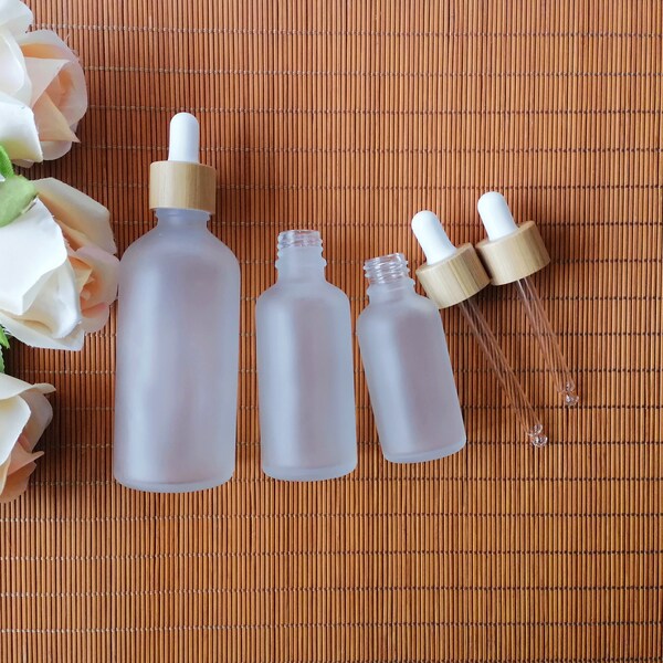 Frosted Glass Eye Dropper Bottles Refillable Essential Oil Perfume Cosmetic Packaging with Natural Bamboo Lid White Dropper 5~100ml