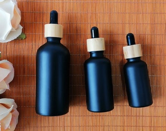 Matte Black Glass Essential Oil Dropper Bottles, Perfume Cosmetic Packaging with Long Dropper Natural Bamboo Wood Lid for Travel, Liquid