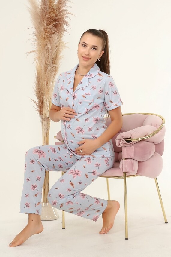 Cool Blue Flowers Maternity Pajama Set Comfortable Pregnancy Sleepwear and Loungewear Long Sleeve Affordable Victorias Pyjama Set Etsy UK