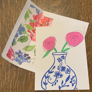 greeting card, note card, 4.25 x 5.5, coordinating envelope, pink flowers, white & blue vase, blank, handmade, hand drawn,