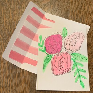 carte de voeux, carte de correspondance, enveloppe coordonnée de 4,25 x 5,5 po., roses roses, feuilles vertes, floral, blanc, fait main, dessiné à la main