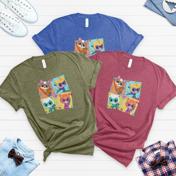 Chemise super chatons Disney, T-shirt super chat, t-shirt chatons Disney, chat fantastique mignon, super kittie Buddy Bitsy Ginny Sparks, sweat héros