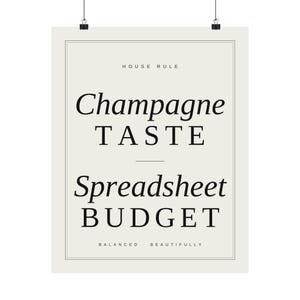 Champagne Taste Spreadsheet Budget Poster | Funny Typography Wall Art, Home Office Decor Print