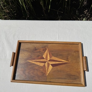 Mid-Century Marquetry Wooden Platter Under Glass