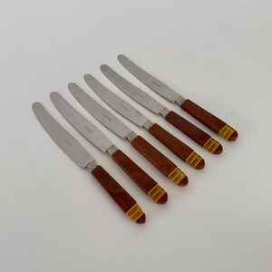 Set med 6 vintage franska art déco-designade middagsknivar i rostfritt stål