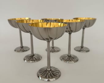 Vintage Set of 6 Silver Plated Italian Mid Century Modern Champagne Glasses, Modernist Drinkware, Gold Plated Glasses