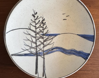 Vintage mid-century hanging pottery bowl art hand painted and handmade and signed ceramic