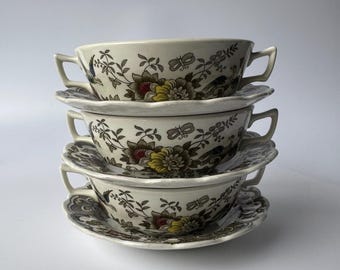 Set van 3 antieke Ridgway Staffordshire, Windsor-serie, soepkoppen met schoteltjes