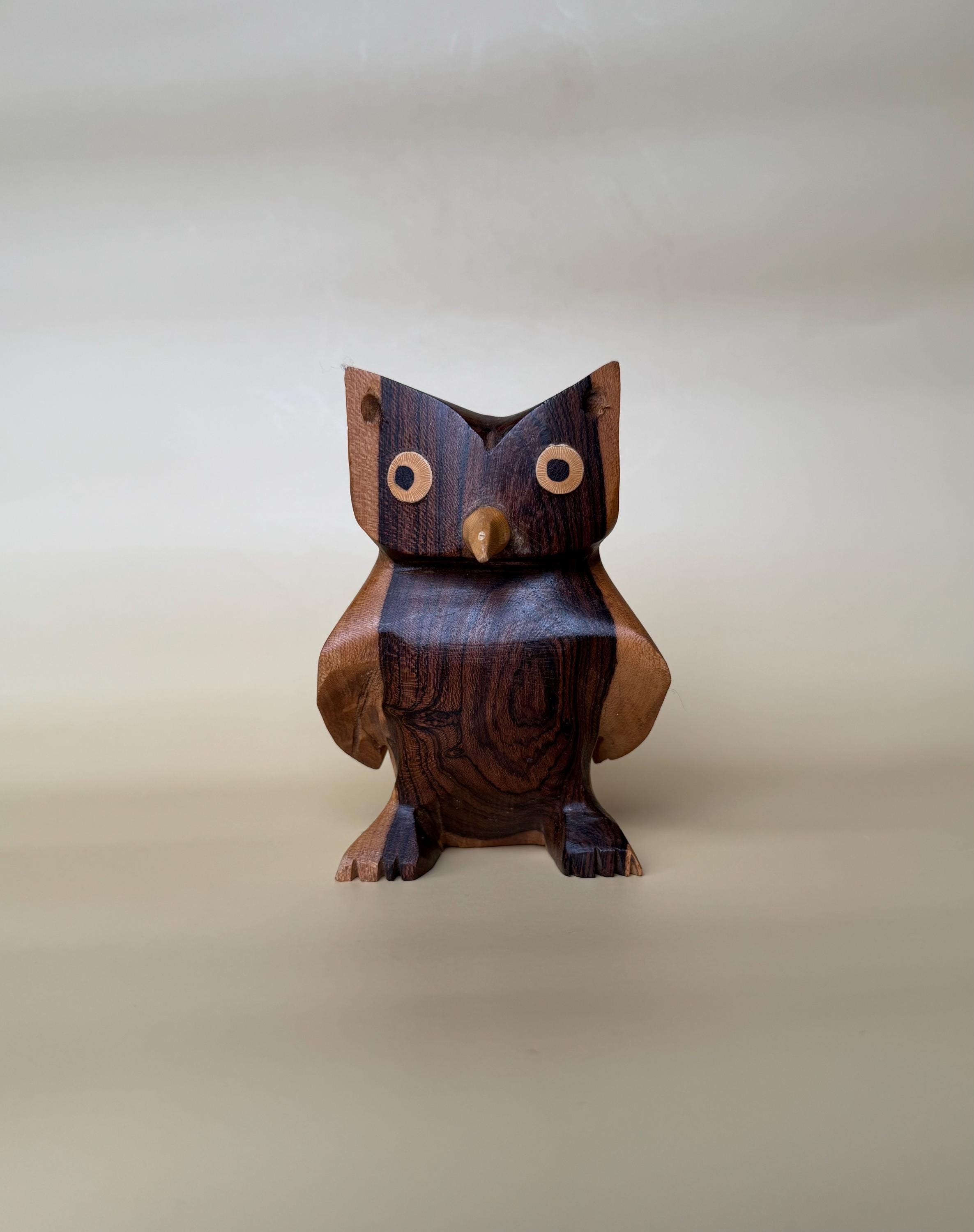 Vintage mid-century style hand carved wood owl figurine
