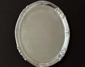 Vintage Baroque Style Stainless Steel Oval Serving Platter: Mid-Century Modern Silver Tray