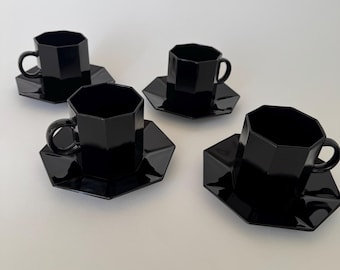 Vintage Set of 4 Arcoroc Black Glass Cups and Saucers Set: French Octime Design