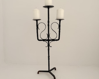 Vintage Brutalist Large Floor Black Wrought Iron Candelabra : Mid-Century Modern Candle Holder