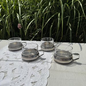 Vintage Mid Century Modern coffee/tea glasses with stainless steel holders MCM