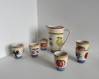 Vintage Villeroy & Boch fruitkan en kopjes: handgeschilderd Duits keramiek