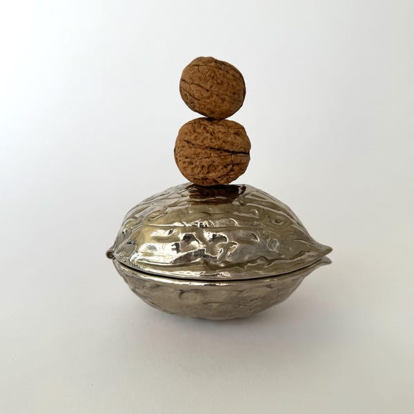 Vintage Mid Century Modern Heavy Metal Walnut Shaped Nutcracker, Modernist Home Decor