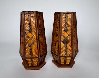 Vintage Mid Century Modern Handmade Tramp Art Matchstick & Geometric Wood Inlay Vase