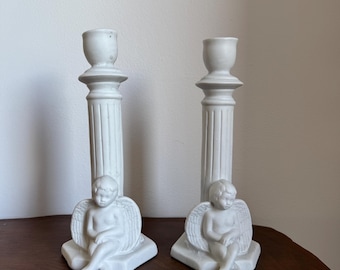 Vintage paar witte keramische kandelaars van Kayene AB - Scandinavisch interieur