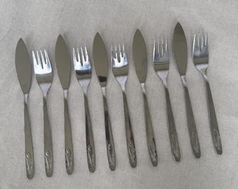 Vintage 10-Piece Cutlery Set With Fish Design: Mid-Century Modern Stainless Steel Flatware