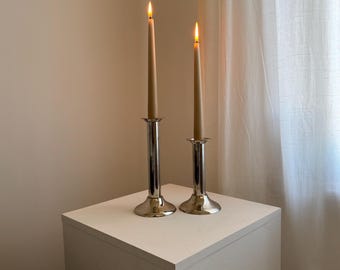 2 Elegant Vintage Mid Century Modern Stainless Steel Candlestick Holders, Modernist Home Decor