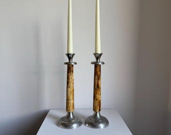 A Pair Of Vintage Mid Century Modern Metal With Faux Bone Candle Holders, Modernist Home Decor