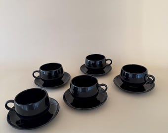 Juego de tazas de café de cerámica negra vintage de mediados de siglo - Juego de té MCM