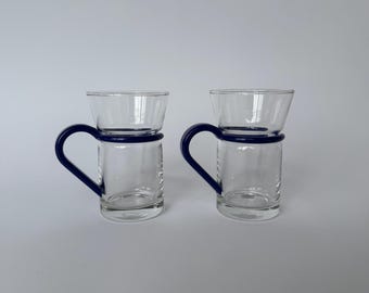 Vintage Mid Century Modern 2-delige koffie-/theeglazen met blauwe houders