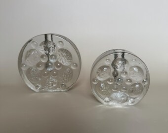 Paar vintage ronde moderne Walther-glazen solifleur-vazen uit het midden van de eeuw