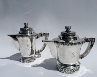 Antique Pair Of Art Deco European Silver Plated Tea And Coffee Pots, Vintage Serveware