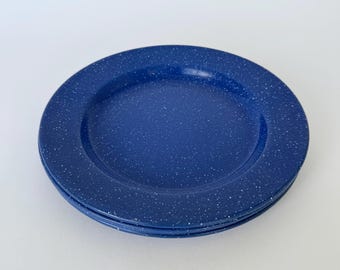 Vintage set van 4 modernistische blauw geëmailleerde borden met witte spikkels