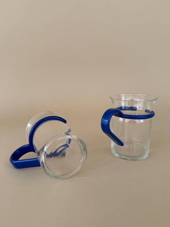 Vintage Mid Century Modern Danish Glass Coffee Cups: Blue Plastic Holders