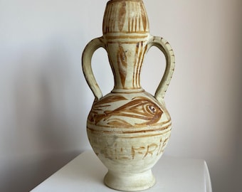 Vintage Rustic Italian Ceramic Amphora Vase With Motif, Antique Home Decor