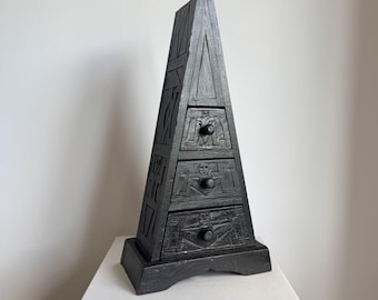 Vintage Wooden Hand Made Pyramid Cabinet, Brutalist Carved Apothecary Drawer Storage