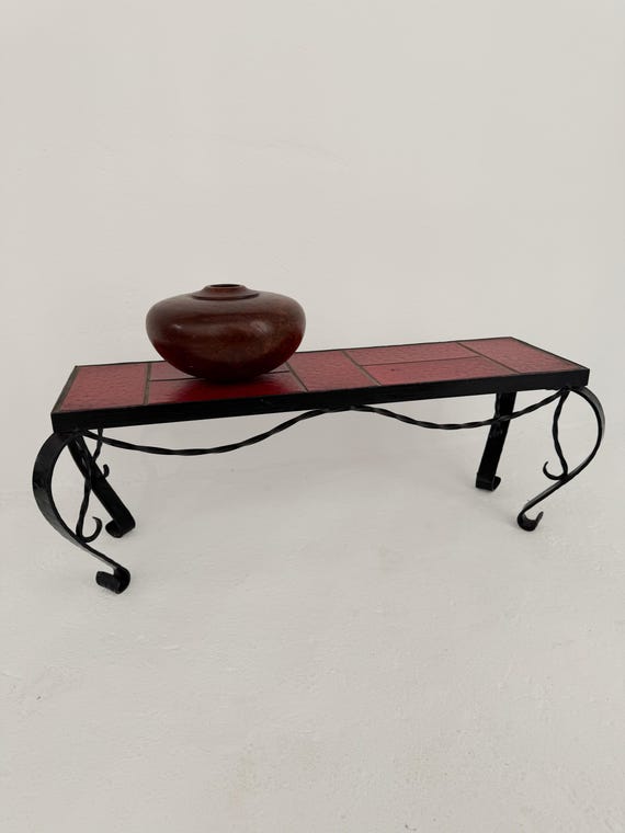Vintage Mid Century Modern Forged Iron With Tile Side Table/Plant Stand,Modernist Home Decor