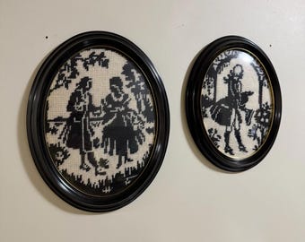 Vintage Pair Of European Needlepoint Art - Antique Scenes in Black Oval Frames