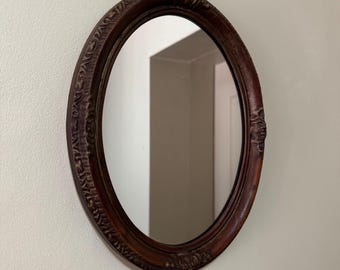 Vintage Oval Carved Wooden Wall Mirror, Antique Hone Decor