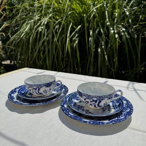 A set of 2 Vintage teacups with saucer and dessert plates, Japanese decor, white with blue, cherry blossom, very fine tableware, 1970s, tea