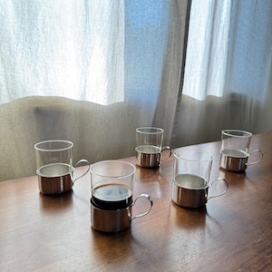 Vintage mid century 5 piece Schott & Gen Mainz Jena Glass with Stainless Steel Quist cup holders retro