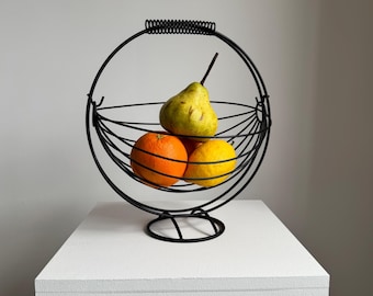 Vintage Mid Century Modern black metal fruit bowl, Modernist string design, MCM fruit basket