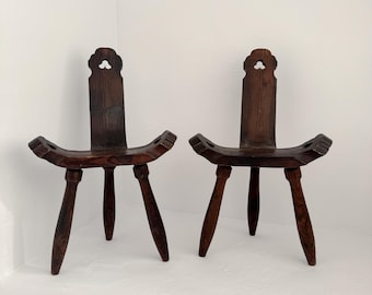 Vintage Set of 2 Primitive Tripot Hand Carved Spanish Birthing Chair, Mid Century Modern Chair