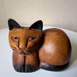 Hand carved and painted vintage wooden cat figure statue