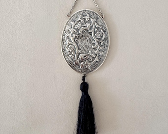 Antique Sterling Silver 925 Small Oval Turkish Hanging Tassled Mirror, Vintage Home Decor
